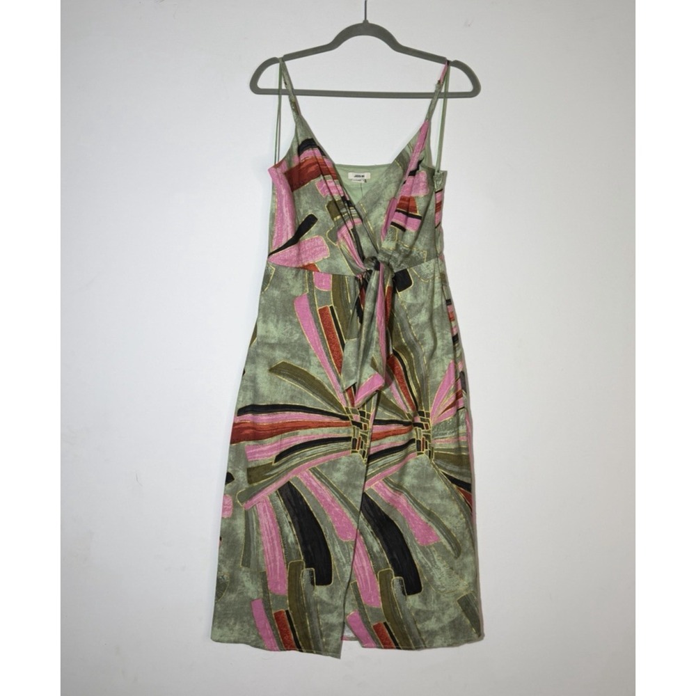 NWT Jason Wu Linen Blend Wrap Midi Dress Size 4 Small Abstract Green Pink